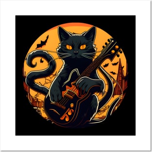 Alone Cool Black Cat Playing Guitar Bass - Love Guitar Posters and Art